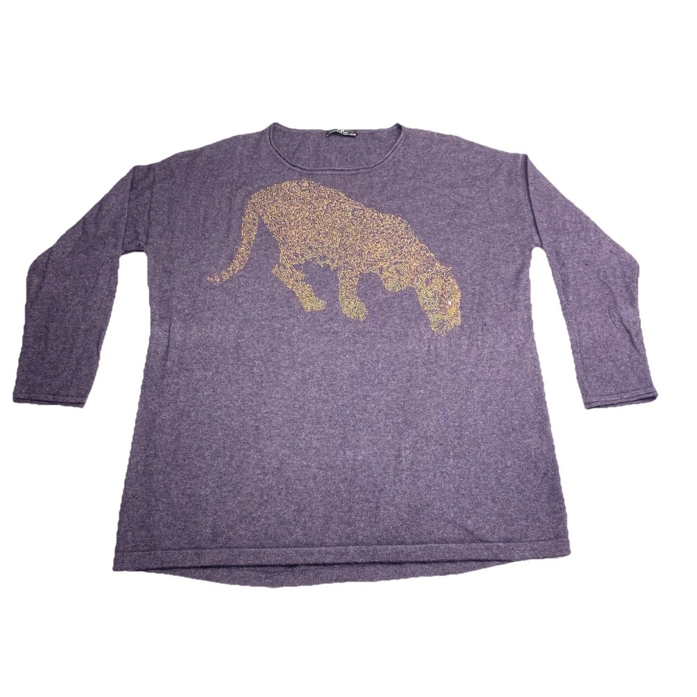 Nice Connection Purple Rhinestone Leopard Knit Sweater Oversized Pullover Womens